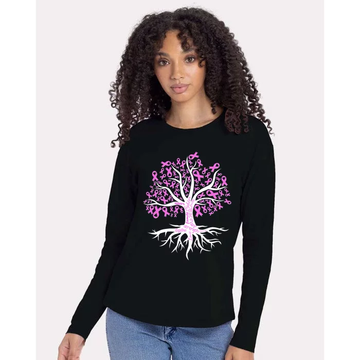 Breast Cancer Awareness Pink Ribbon Tree Womens Cotton Relaxed Long Sleeve T-Shirt