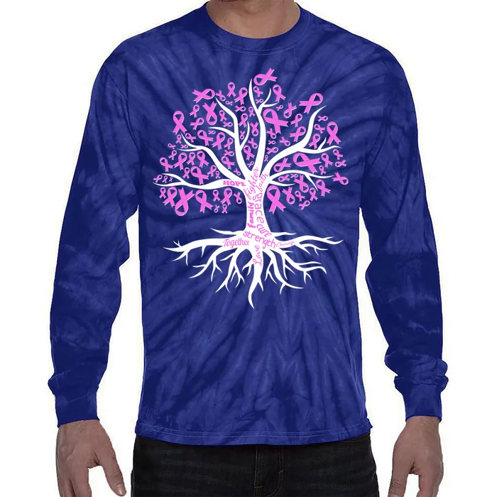 Breast Cancer Awareness Pink Ribbon Tree Tie-Dye Long Sleeve Shirt