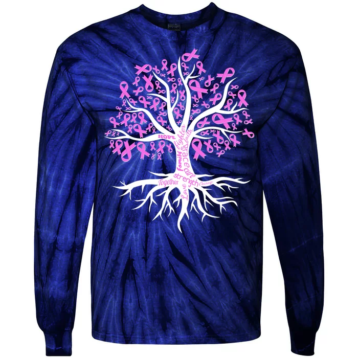 Breast Cancer Awareness Pink Ribbon Tree Tie-Dye Long Sleeve Shirt