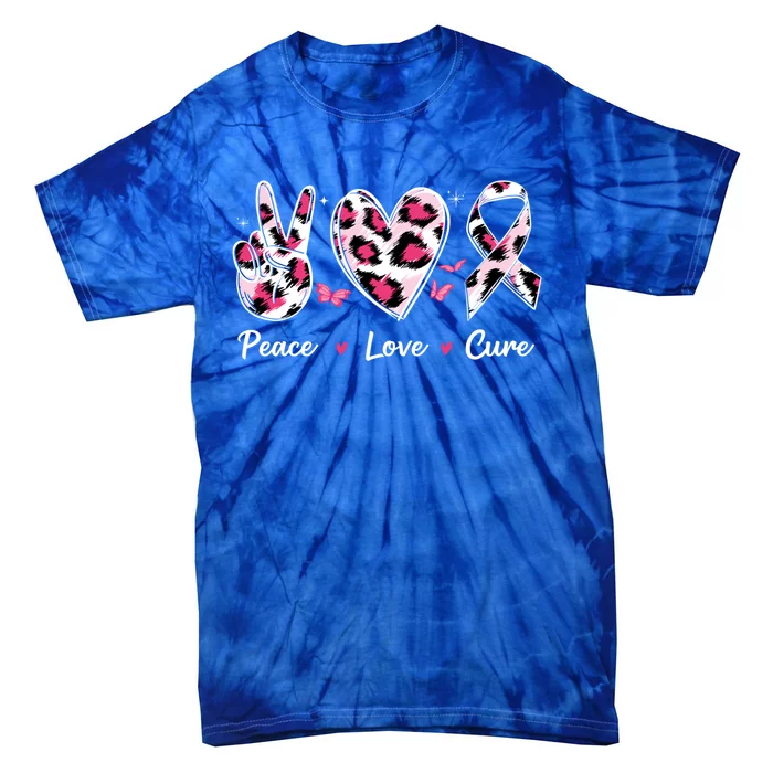 Breast Cancer Awareness Peace Love Cure Pink Ribbon Animal Gift Tie-Dye T-Shirt