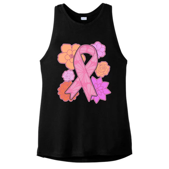 Breast Cancer Awareness Floral Flowers Ribbon Ladies Tri-Blend Wicking Tank