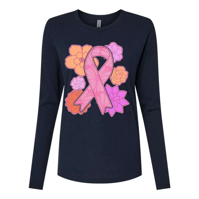 Breast Cancer Awareness Floral Flowers Ribbon Womens Cotton Relaxed Long Sleeve T-Shirt