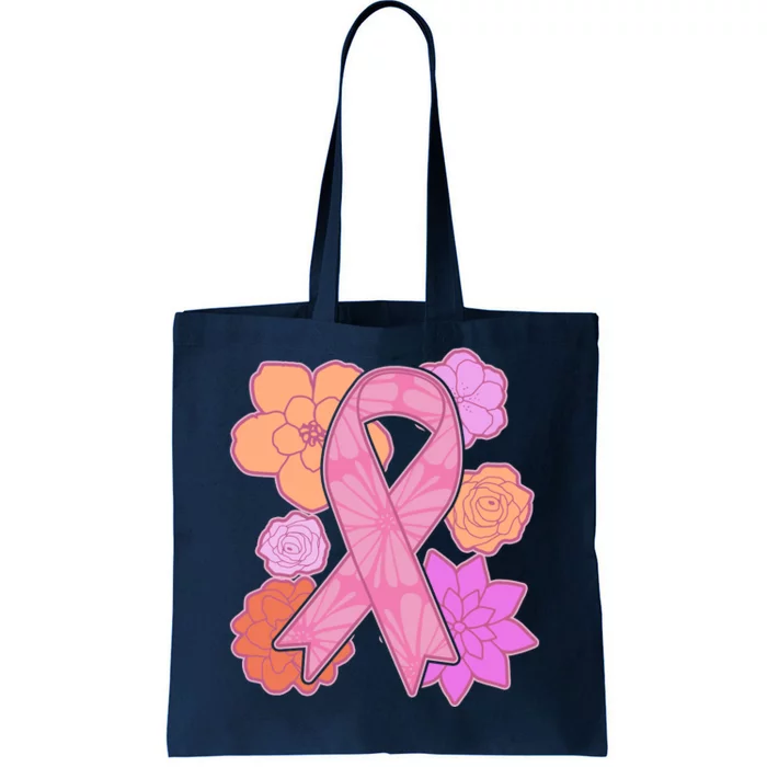 Breast Cancer Awareness Floral Flowers Ribbon Tote Bag