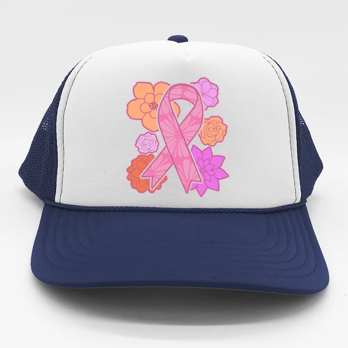 Breast Cancer Awareness Floral Flowers Ribbon Trucker Hat