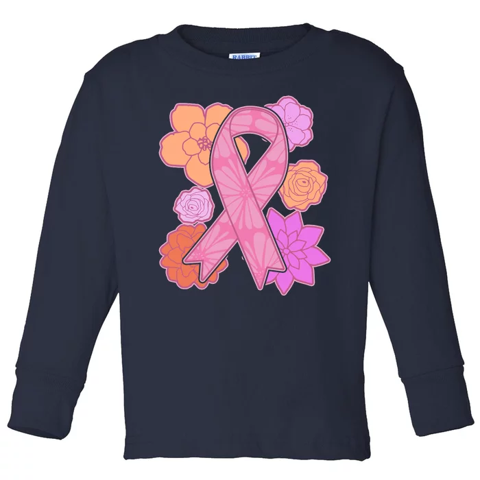 Breast Cancer Awareness Floral Flowers Ribbon Toddler Long Sleeve Shirt