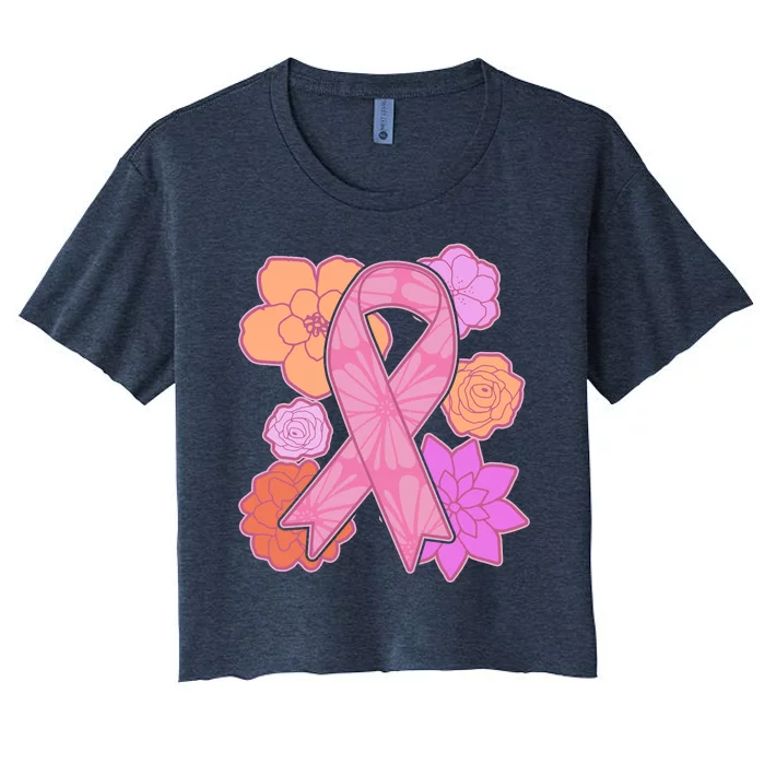 Breast Cancer Awareness Floral Flowers Ribbon Women's Crop Top Tee