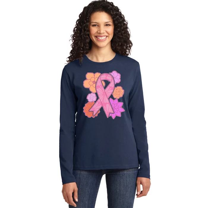 Breast Cancer Awareness Floral Flowers Ribbon Ladies Long Sleeve Shirt