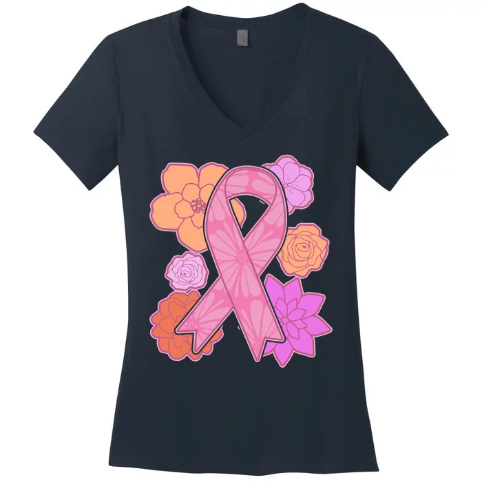 Breast Cancer Awareness Floral Flowers Ribbon Women's V-Neck T-Shirt