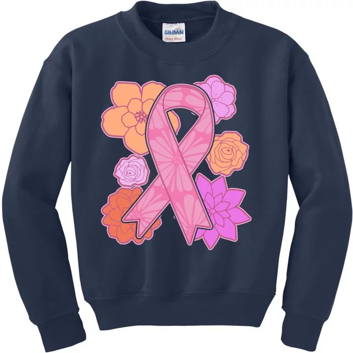 Breast Cancer Awareness Floral Flowers Ribbon Kids Sweatshirt