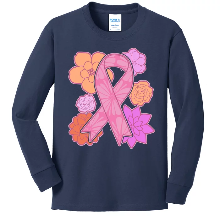 Breast Cancer Awareness Floral Flowers Ribbon Kids Long Sleeve Shirt