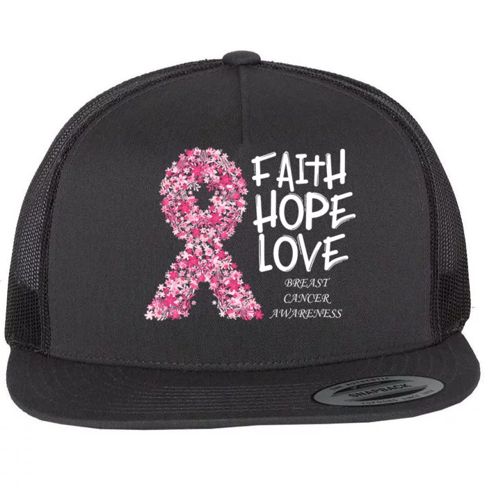 Breast Cancer Awareness Faith Love Hope Pink Ribbon Flat Bill Trucker Hat