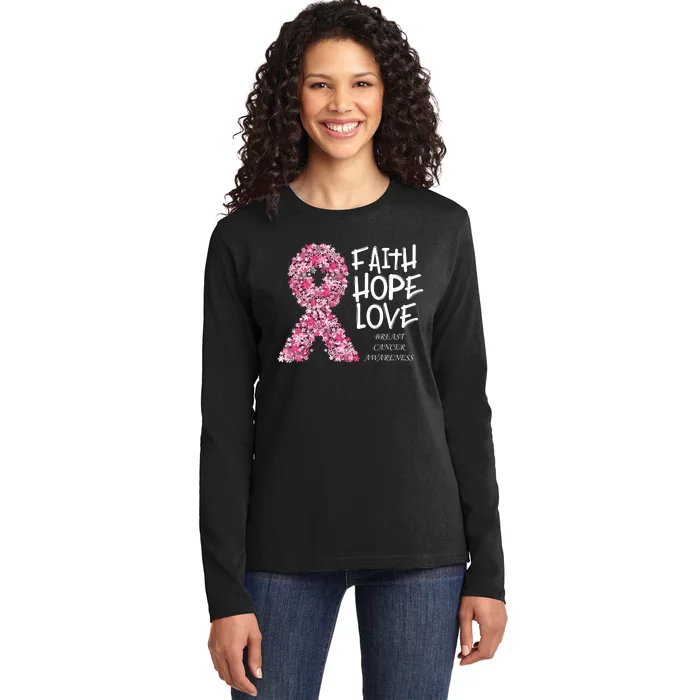 Breast Cancer Awareness Faith Love Hope Pink Ribbon Ladies Long Sleeve Shirt