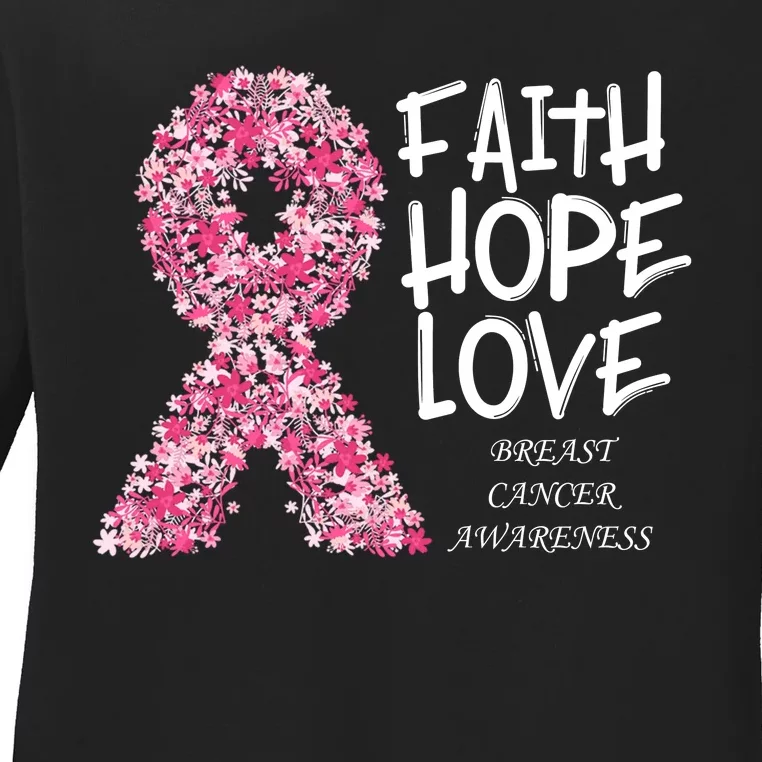 Breast Cancer Awareness Faith Love Hope Pink Ribbon Ladies Long Sleeve Shirt