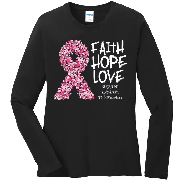 Breast Cancer Awareness Faith Love Hope Pink Ribbon Ladies Long Sleeve Shirt