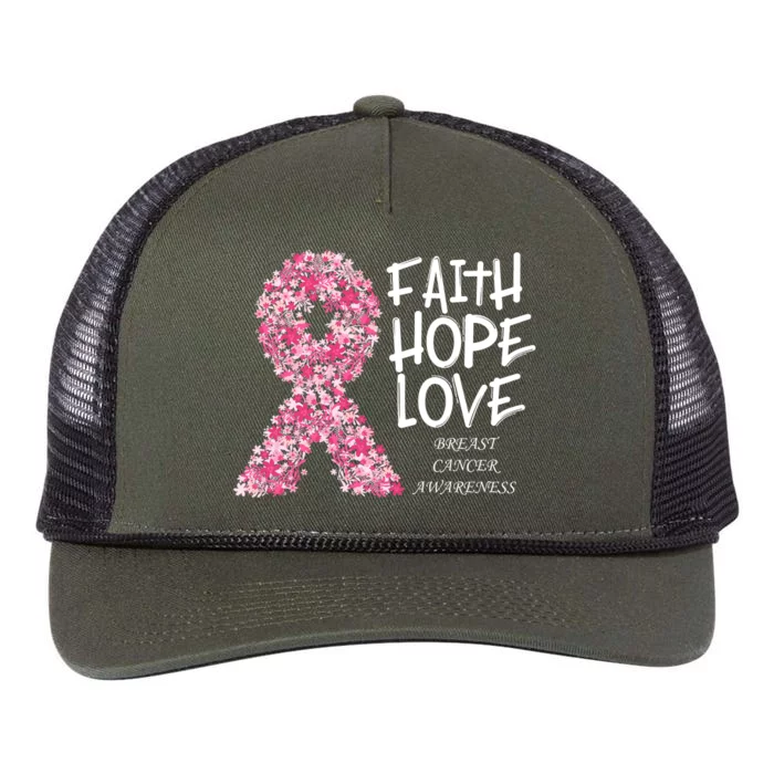 Breast Cancer Awareness Faith Love Hope Pink Ribbon Retro Rope Trucker Hat Cap