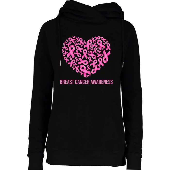 Breast Cancer Awareness Pink Ribbon Heart Womens Funnel Neck Pullover Hood