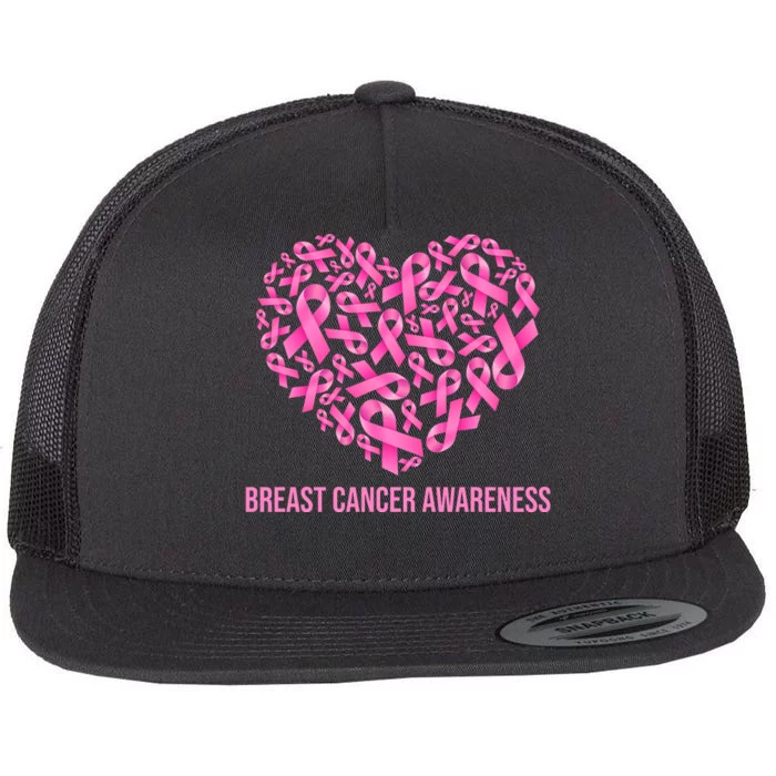 Breast Cancer Awareness Pink Ribbon Heart Flat Bill Trucker Hat