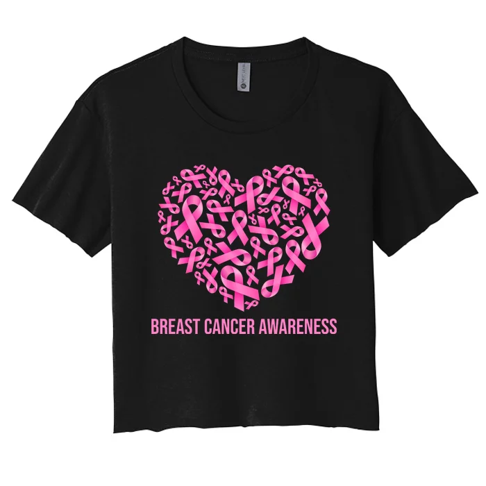 Breast Cancer Awareness Pink Ribbon Heart Women's Crop Top Tee