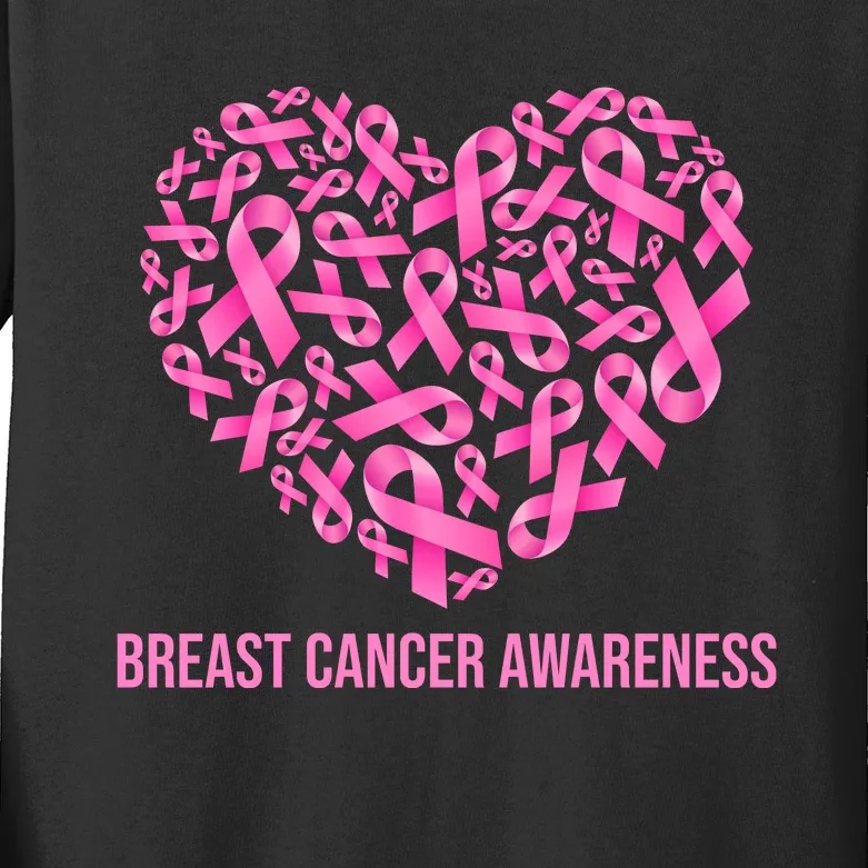 Breast Cancer Awareness Pink Ribbon Heart Kids Long Sleeve Shirt