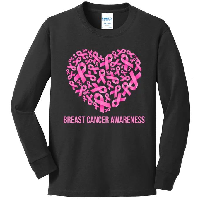 Breast Cancer Awareness Pink Ribbon Heart Kids Long Sleeve Shirt