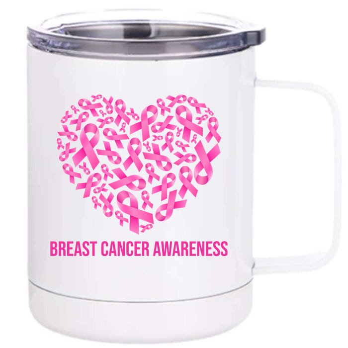 Breast Cancer Awareness Pink Ribbon Heart Front & Back 12oz Stainless Steel Tumbler Cup