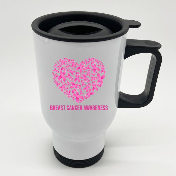 Breast Cancer Awareness Pink Ribbon Heart Front & Back Stainless Steel Travel Mug