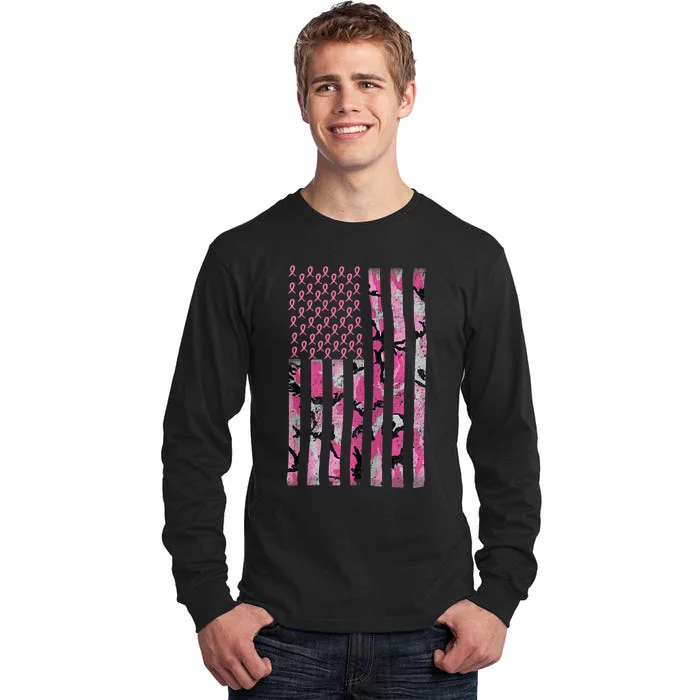 Breast Cancer Awareness Camo Pink Ribbon American Flag Tall Long Sleeve T-Shirt