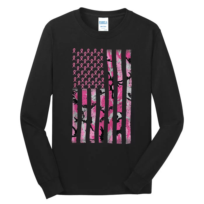 Breast Cancer Awareness Camo Pink Ribbon American Flag Tall Long Sleeve T-Shirt