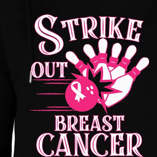 Breast Cancer Awareness Bowling Strike Out Pink Ribbon Womens Funnel Neck Pullover Hood