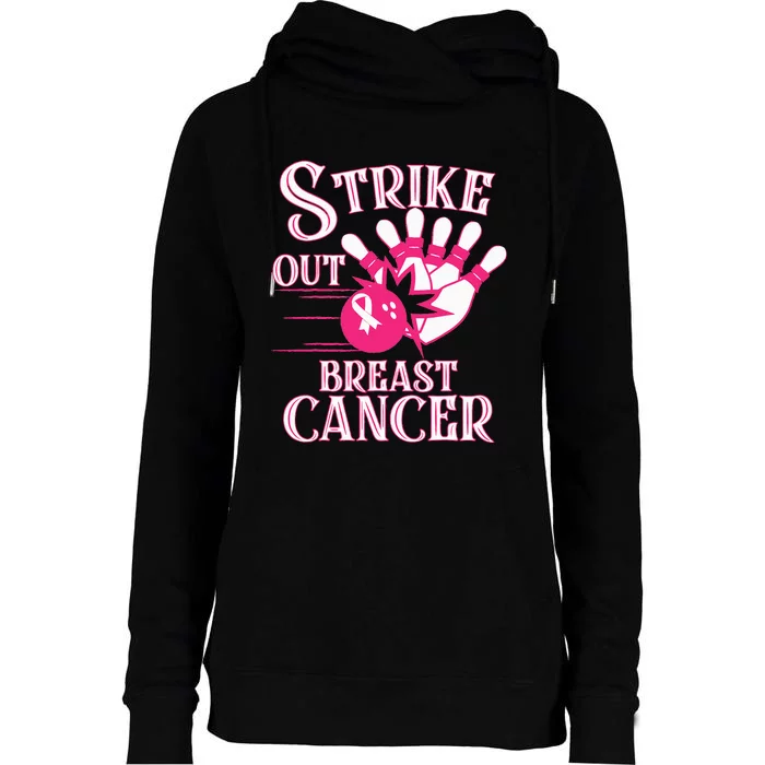 Breast Cancer Awareness Bowling Strike Out Pink Ribbon Womens Funnel Neck Pullover Hood