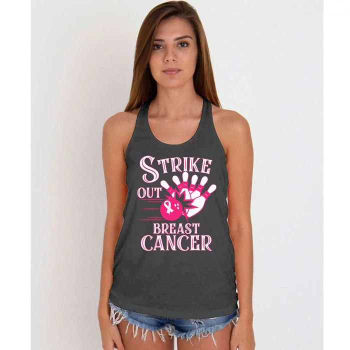 Breast Cancer Awareness Bowling Strike Out Pink Ribbon Women's Knotted Racerback Tank