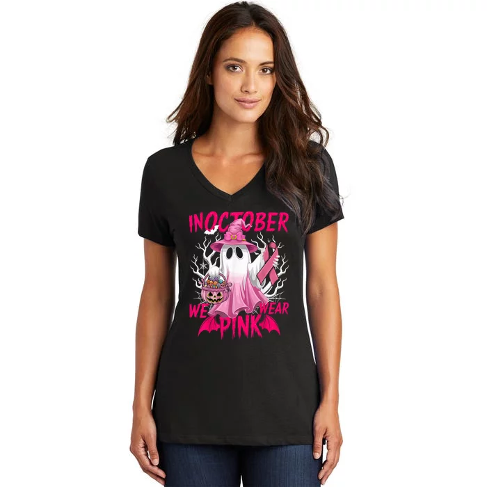 Breast Cancer Awareness Ghost In October We Wear Pin.K halloween gift Women's V-Neck T-Shirt