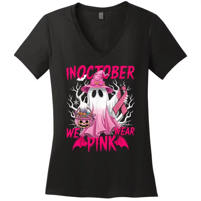 Breast Cancer Awareness Ghost In October We Wear Pin.K halloween gift Women's V-Neck T-Shirt