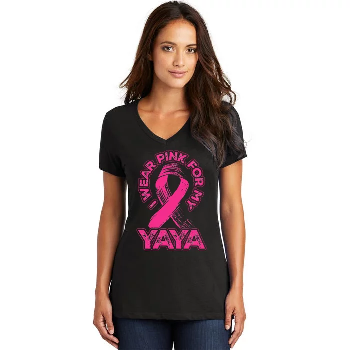 Breast Cancer Awareness I Wear Pink For My Yaya Ribbon Women's V-Neck T-Shirt