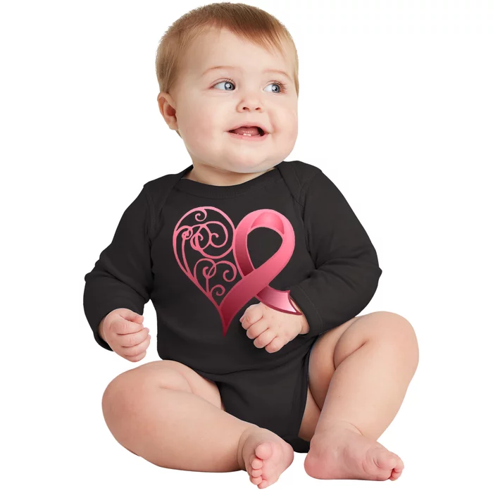 Breast Cancer Awareness Ribbon Heart Pattern Baby Long Sleeve Bodysuit