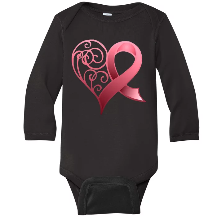 Breast Cancer Awareness Ribbon Heart Pattern Baby Long Sleeve Bodysuit