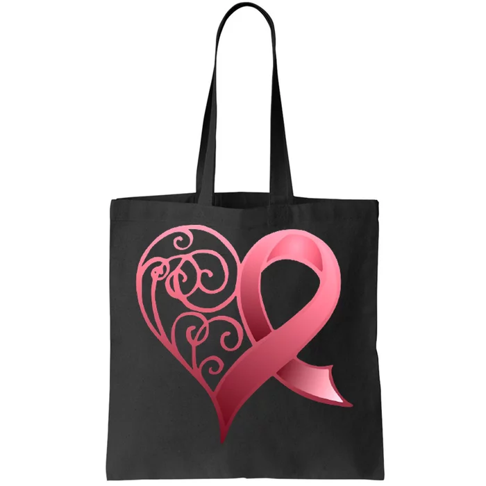 Breast Cancer Awareness Ribbon Heart Pattern Tote Bag