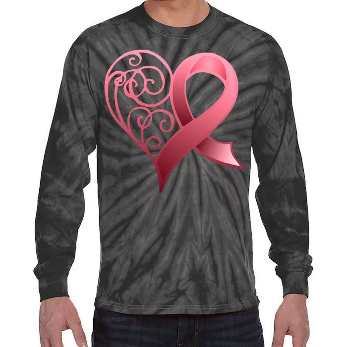 Breast Cancer Awareness Ribbon Heart Pattern Tie-Dye Long Sleeve Shirt