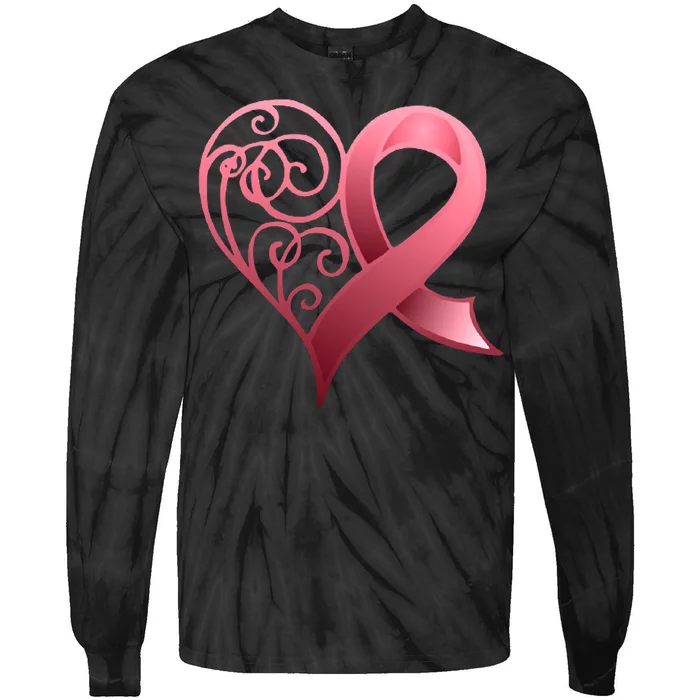 Breast Cancer Awareness Ribbon Heart Pattern Tie-Dye Long Sleeve Shirt