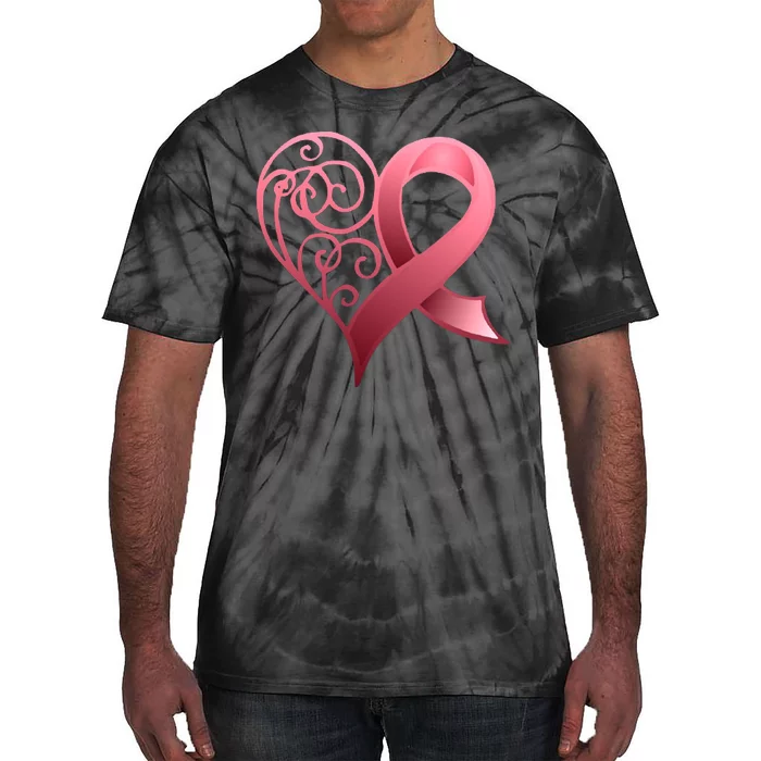 Breast Cancer Awareness Ribbon Heart Pattern Tie-Dye T-Shirt