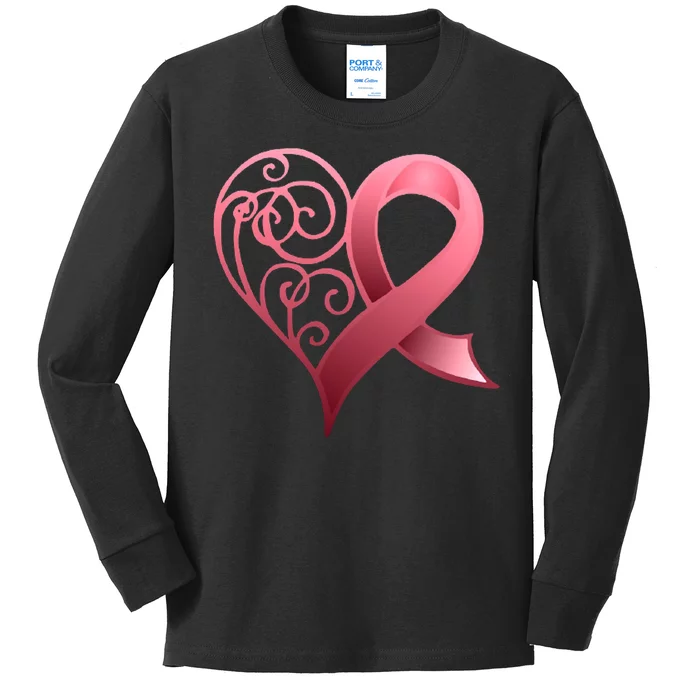 Breast Cancer Awareness Ribbon Heart Pattern Kids Long Sleeve Shirt