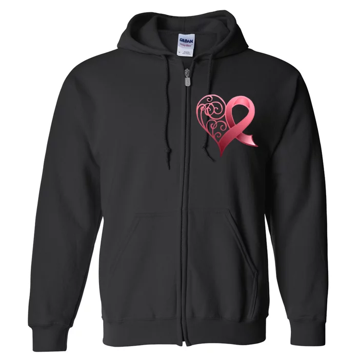 Breast Cancer Awareness Ribbon Heart Pattern Full Zip Hoodie