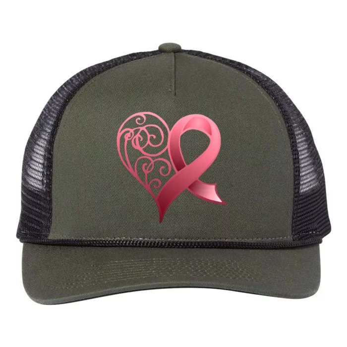 Breast Cancer Awareness Ribbon Heart Pattern Retro Rope Trucker Hat Cap