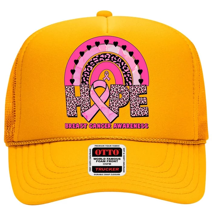 Breast Cancer Awareness Pink Leopard Print Rainbow High Crown Mesh Trucker Hat