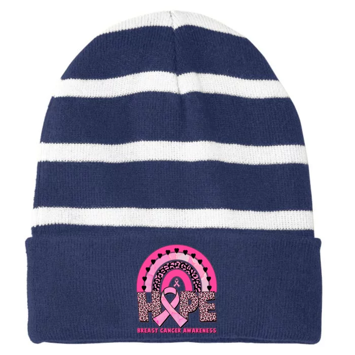 Breast Cancer Awareness Pink Leopard Print Rainbow Striped Beanie with Solid Band