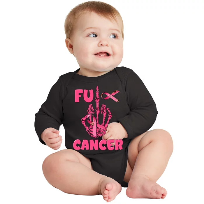 Breast Cancer Awareness Fu Cancer Skeleton Middle Finger Pink Ribbon Baby Long Sleeve Bodysuit