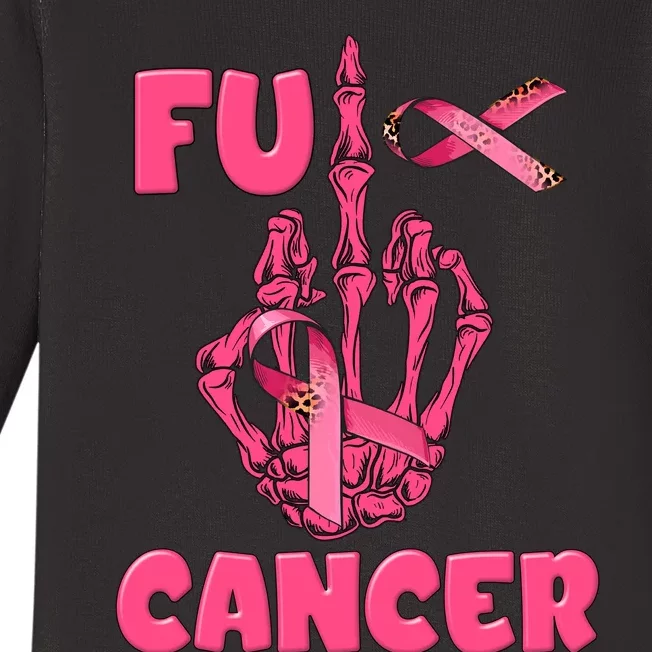 Breast Cancer Awareness Fu Cancer Skeleton Middle Finger Pink Ribbon Baby Long Sleeve Bodysuit