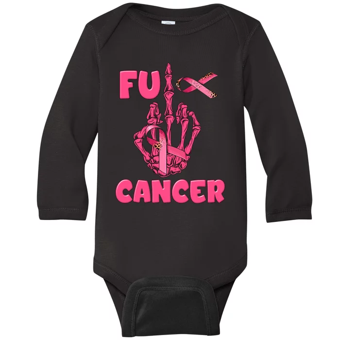 Breast Cancer Awareness Fu Cancer Skeleton Middle Finger Pink Ribbon Baby Long Sleeve Bodysuit