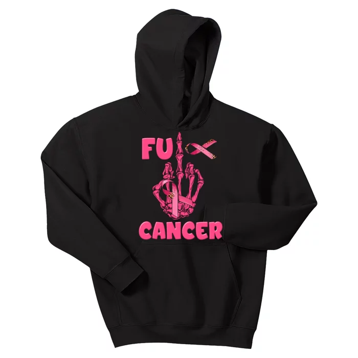 Breast Cancer Awareness Fu Cancer Skeleton Middle Finger Pink Ribbon Kids Hoodie