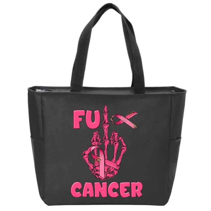 Breast Cancer Awareness Fu Cancer Skeleton Middle Finger Pink Ribbon Zip Tote Bag